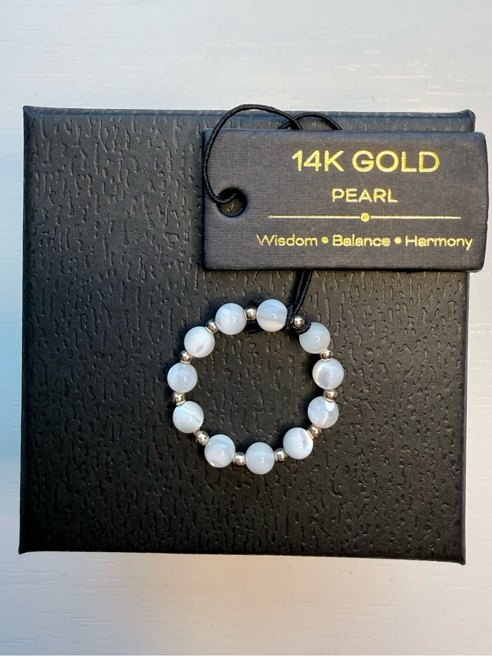 SOLID 14K Gold Mother of Pearl Infinity Stretch Ring Adjustable sz 6-9